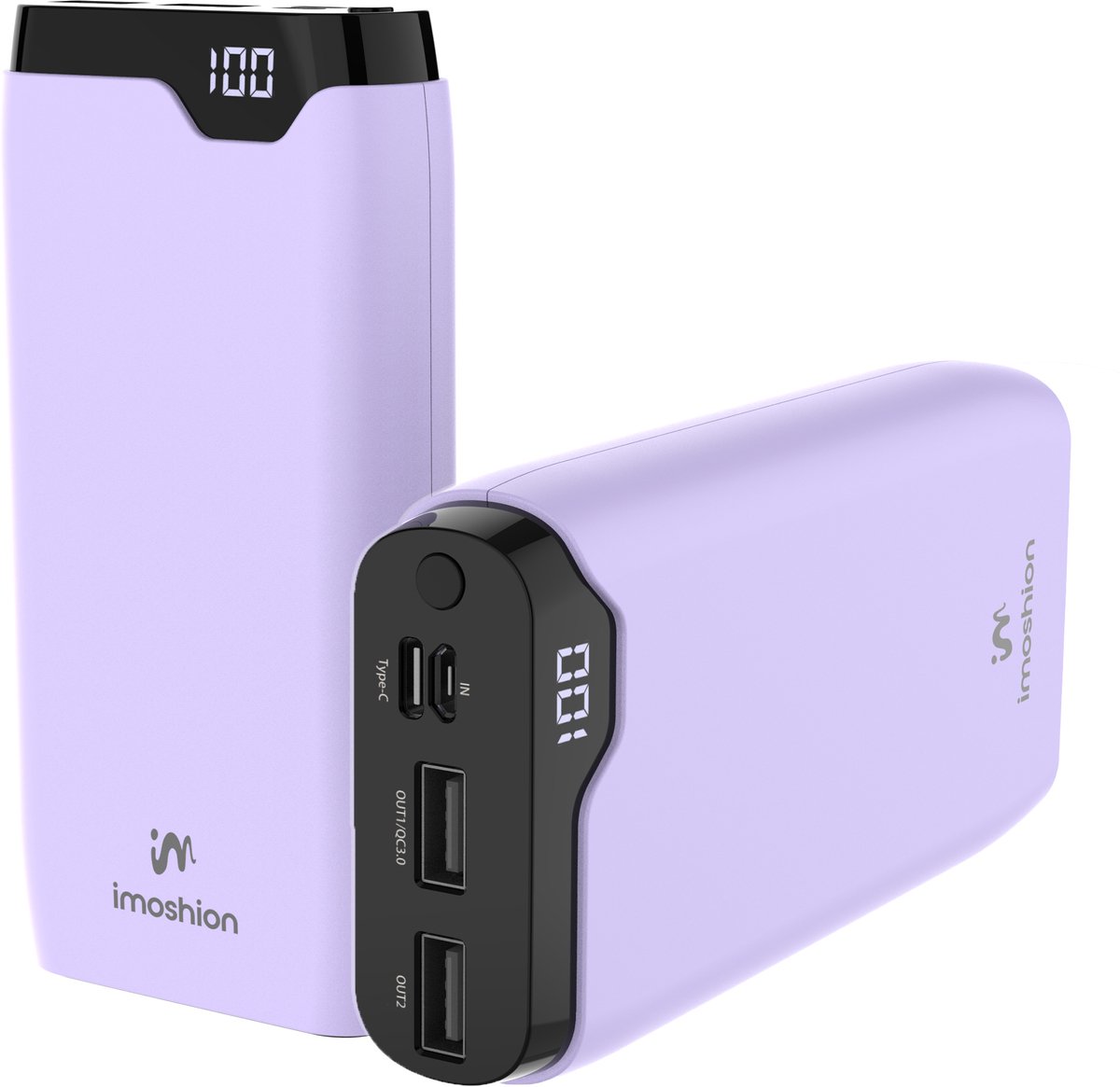 Bol.com imoshion® Powerbank 20000 mAh - 22.5W Snellader - USB C / USB A - LED Display - Powerbanks - Universeel - Noodpakket - Lila aanbieding