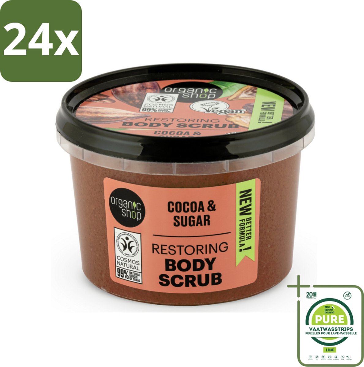 Organic Shop - Body Scrub Cocoa - Rijke Hydratatie - 250 ml - Voordeelverpakking - 24 stuks - Lichaams Scrub - Cacao