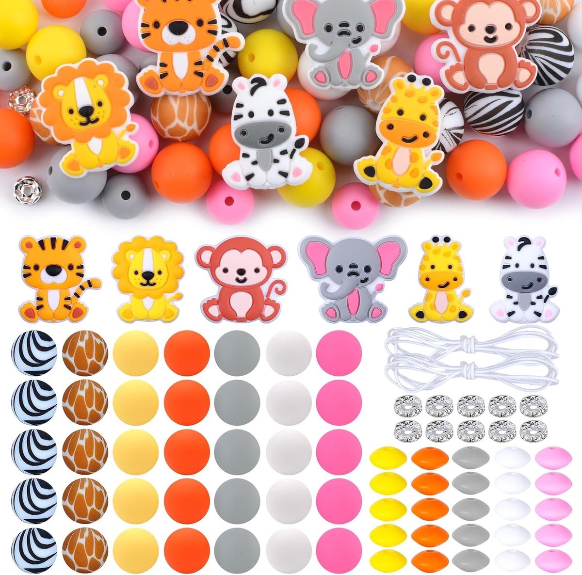 Set van 76 Jungle Dieren Silicone Kralen, Irreguliere Spacers voor Pens, Kettingen en Armbanden, Creatieve Knutselprojecten