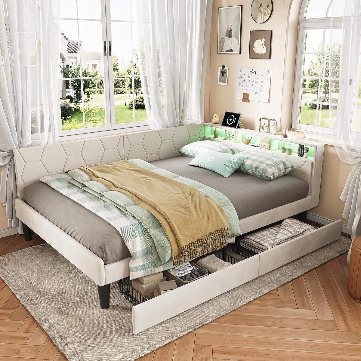 Gestoffeerd Bed - L-vormig Bedbank - Kleine Ruimtes - Geïntegreerde Opbergruimte - 140 x 200 cm - Beige