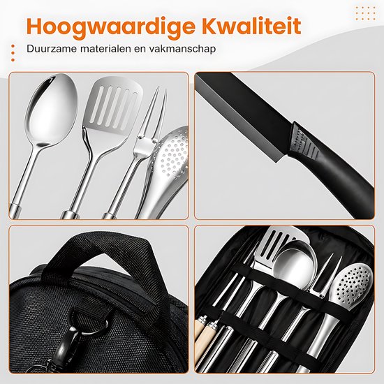 RVS Camping Kookset - Outdoor Bestek Set Met Opbergtas - Kampeer Keukengerei - Mes Vork Lepel Spatel Tang Set - BBQ En Picknick Accessoires - Draagbare Reis Keuken Set - Zwart van rvs — afbeelding 2