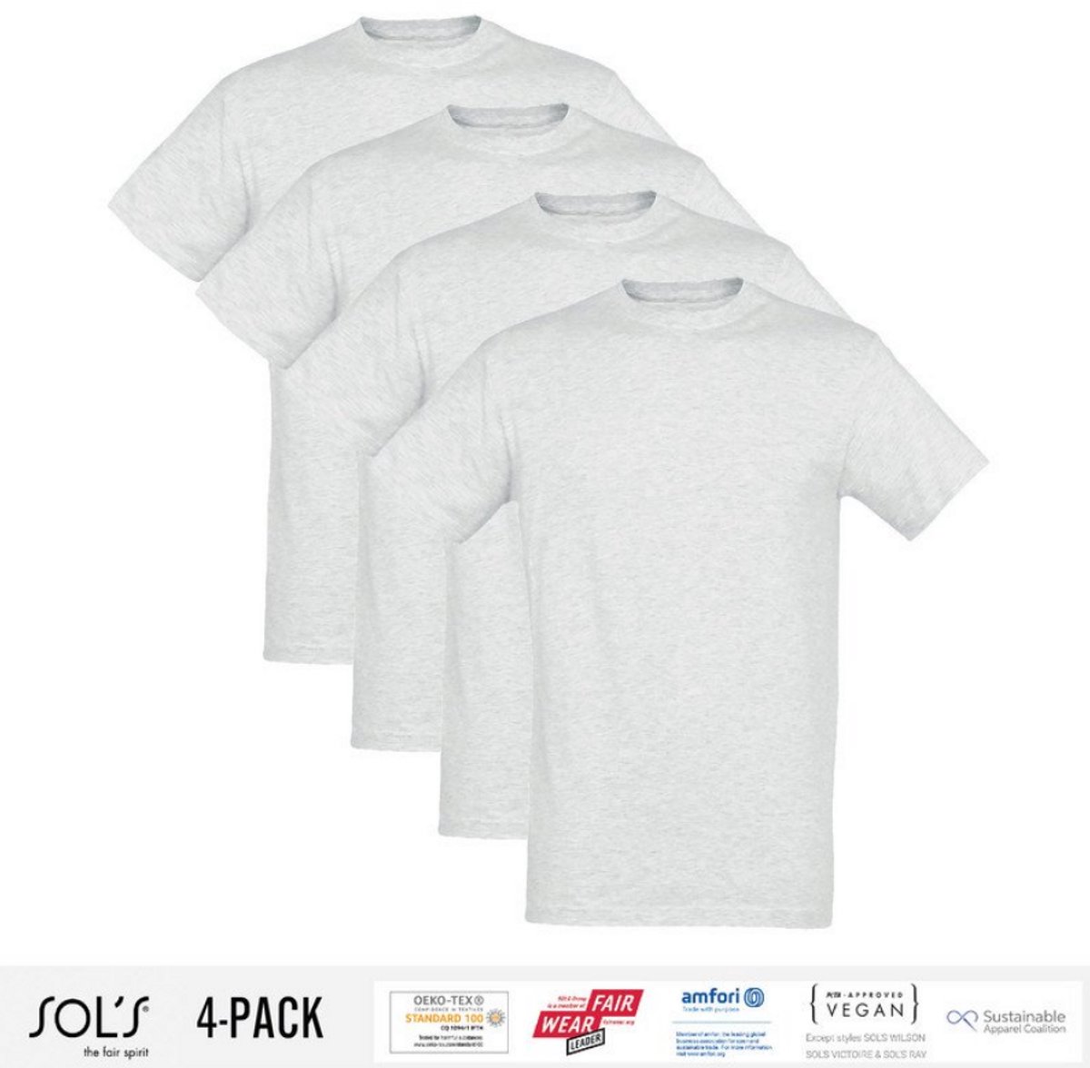 4 Pack Sol's Heren T-Shirt 100% biologisch katoen Ronde hals Ash Grey Maat S