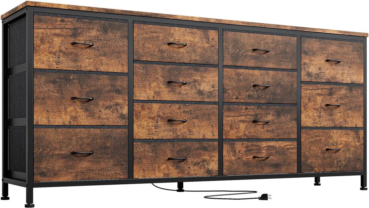 Triumpunpre - Moderne ladekast 14 lades in stof – TV-meubel geschikt voor TV tot 75 inch – Stalen frame – Met stopcontacten en USB-poorten – Bruin getijgerd