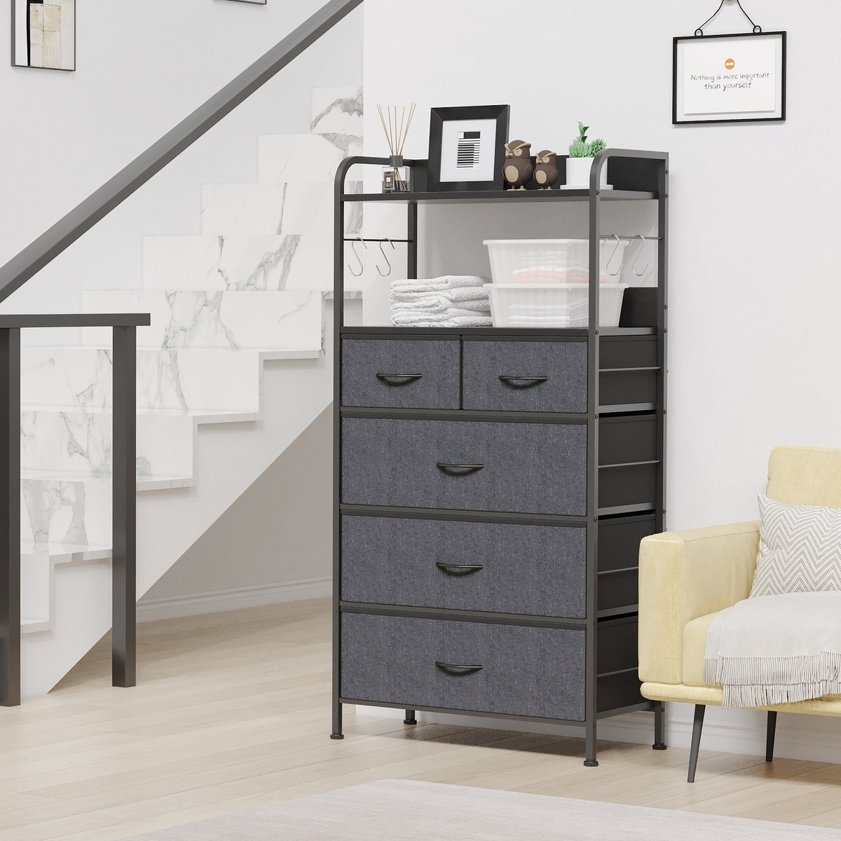 Triumpunpre - Ladekast Hoge 5 lades in stof – Open planken – Met haken – Grote opbergruimte – Metalen frame Houten blad – Voor slaapkamer – Grijs