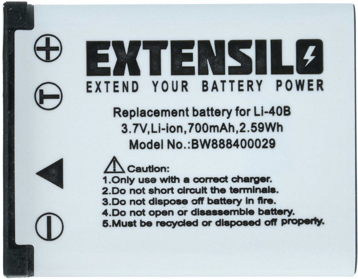 EXTENSILO-accu compatibel met Fujifilm FinePix JV105, JV110, J25, J210, J26, J28, J250, J27, J22, J38, J30, J35, JV100 camera (700 mAh, 3,7 V, Li-Ion)