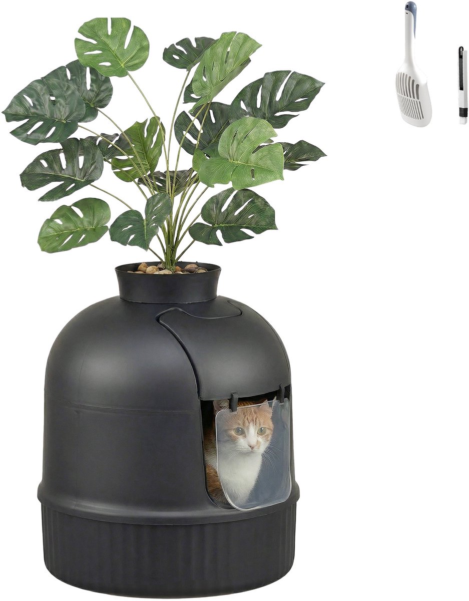 Kattenbak met deurtje – Bloempot – Verborgen kattenbak voor de woonkamer – 49 x 49 x 115 cm – Zwart