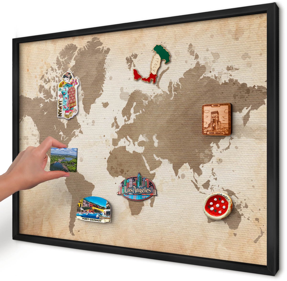 Artprintcave Bruin Magneetbord mit Zwart Frame - 70x50 cm - Wereldkaart Magneetbord Voor Foto's - Vintage Notitiebord - Kaarten