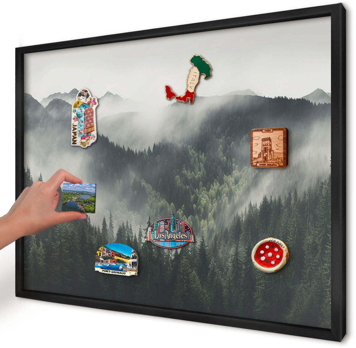 Artprintcave Groente Magneetbord mit Zwart Frame - 70x50 cm - Groene Bergen Memobord Keuken - Fotografisch Magnetische Organizer - Landschappen