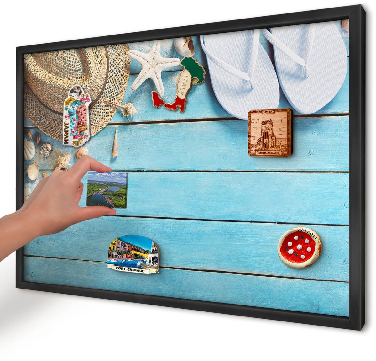 Artprintcave Blauw Magneetbord mit Zwart Frame - 60x40 cm - Vakantiesfeer Memobord Keuken - Modern Magnetisch Bord Voor Magneten - Natuur