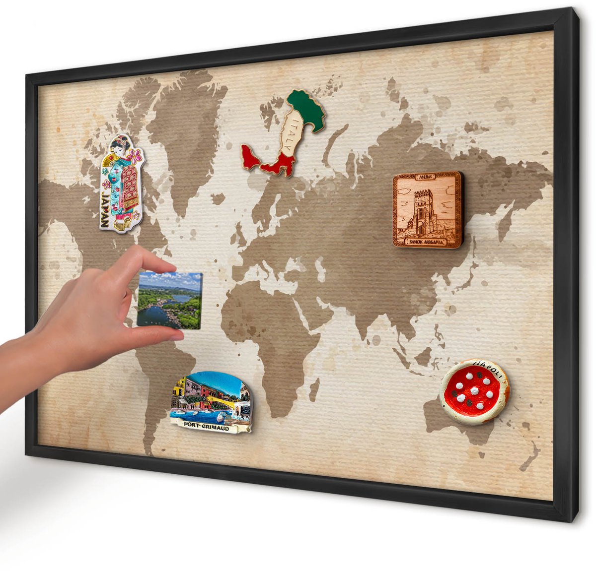 Artprintcave Bruin Magneetbord mit Zwart Frame - 60x40 cm - Wereldkaart Magnetisch Bord Voor Magneten - Vintage Magnetische Organizer - Kaarten