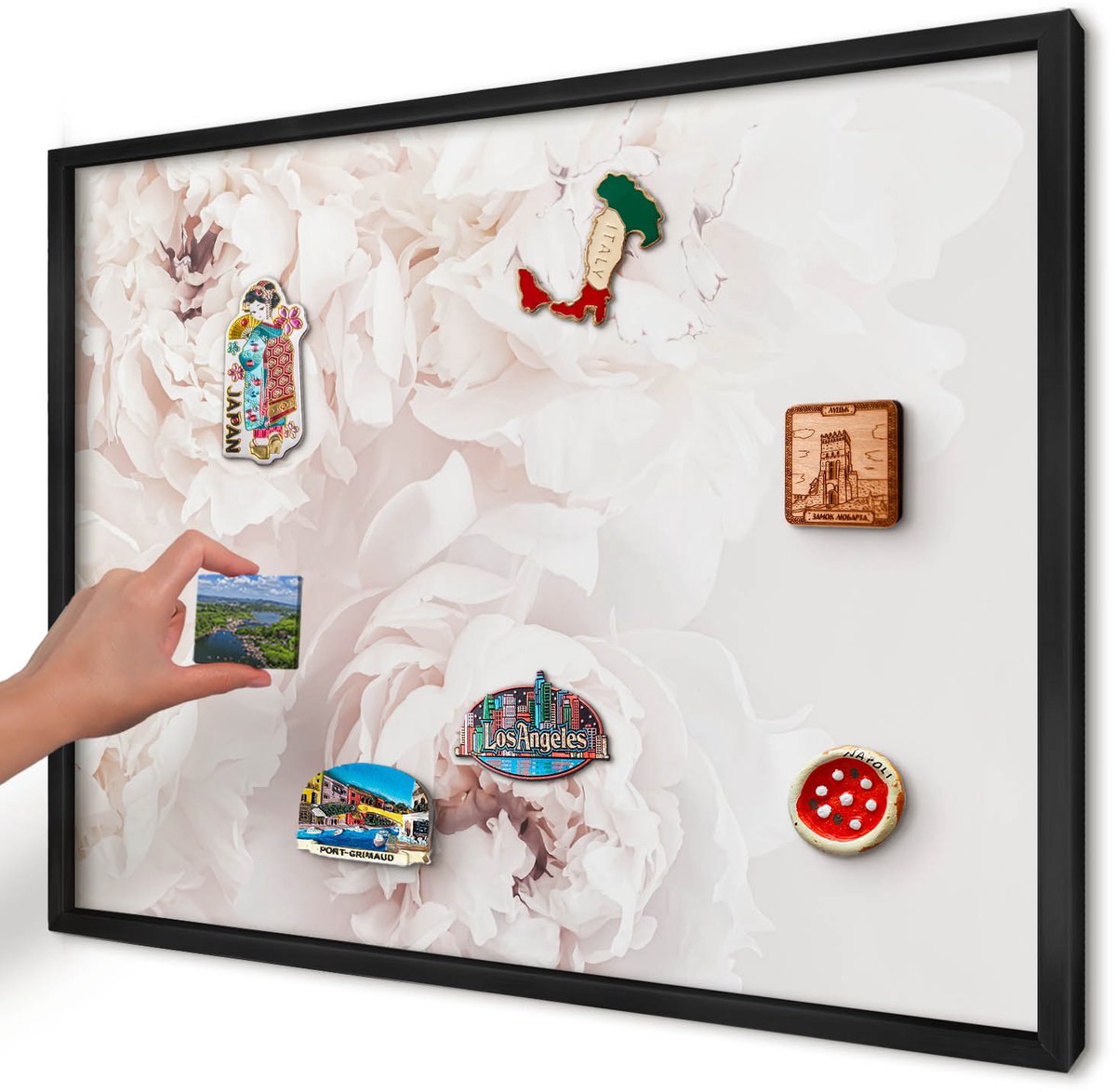 Artprintcave Wit Magneetbord mit Zwart Frame - 70x50 cm - Witte Pioenrozen Magnetisch Bord - Minimalist Wandbord Magnetisch - Bloemen En Planten