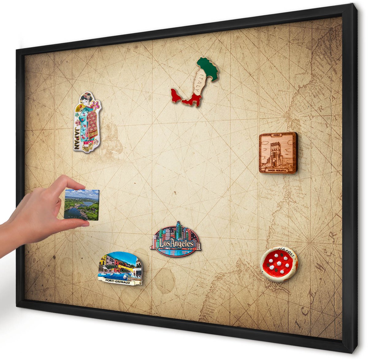 Artprintcave Beige Magneetbord mit Zwart Frame - 70x50 cm - Oude Kaart Notitiebord - Vintage Magnetisch Bord - Kaarten