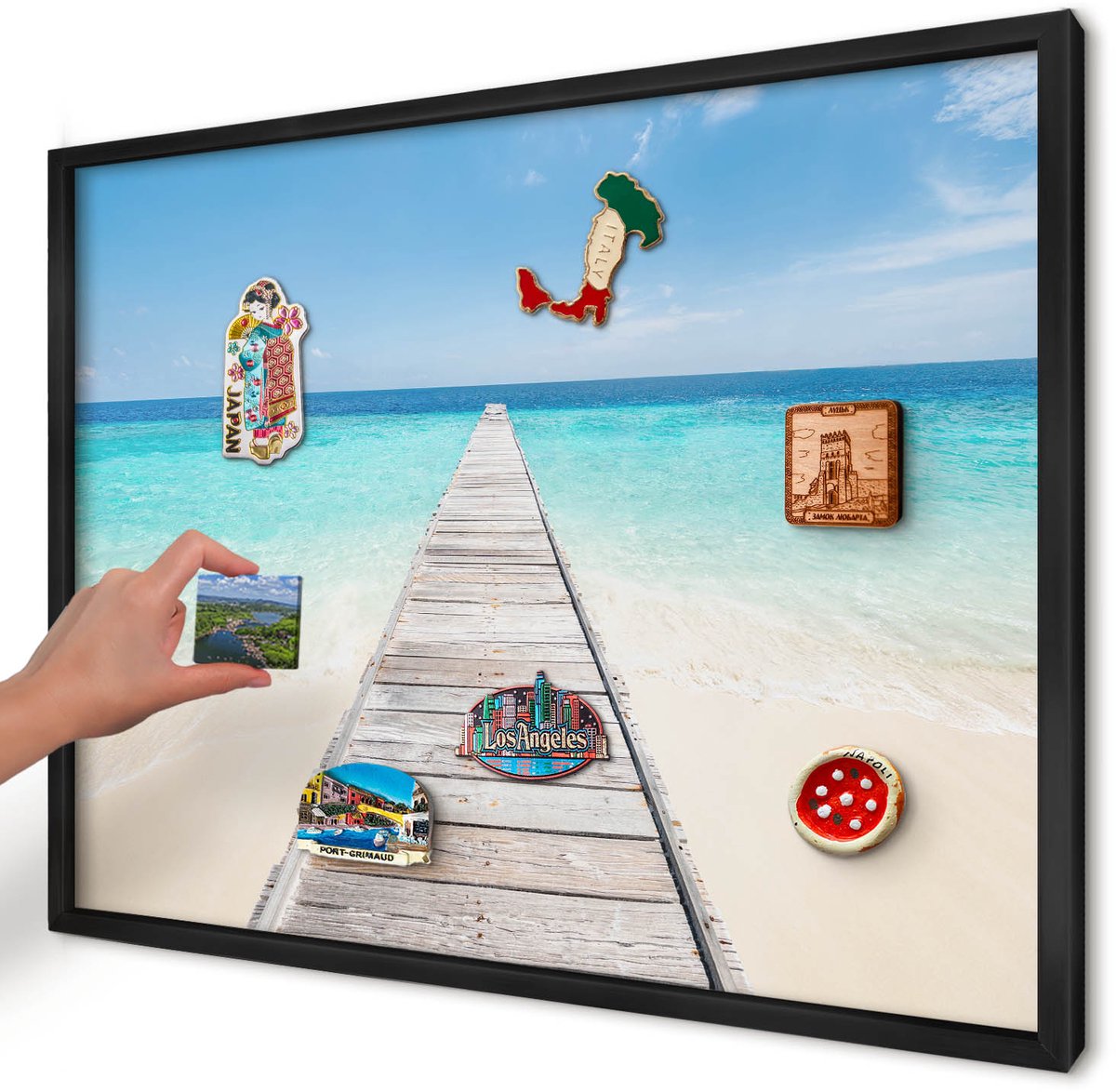 Artprintcave Blauw Magneetbord mit Zwart Frame - 70x50 cm - Ocean Pier Magneetbord Voor Keuken - Minimalist Wandbord Magnetisch - Landschappen