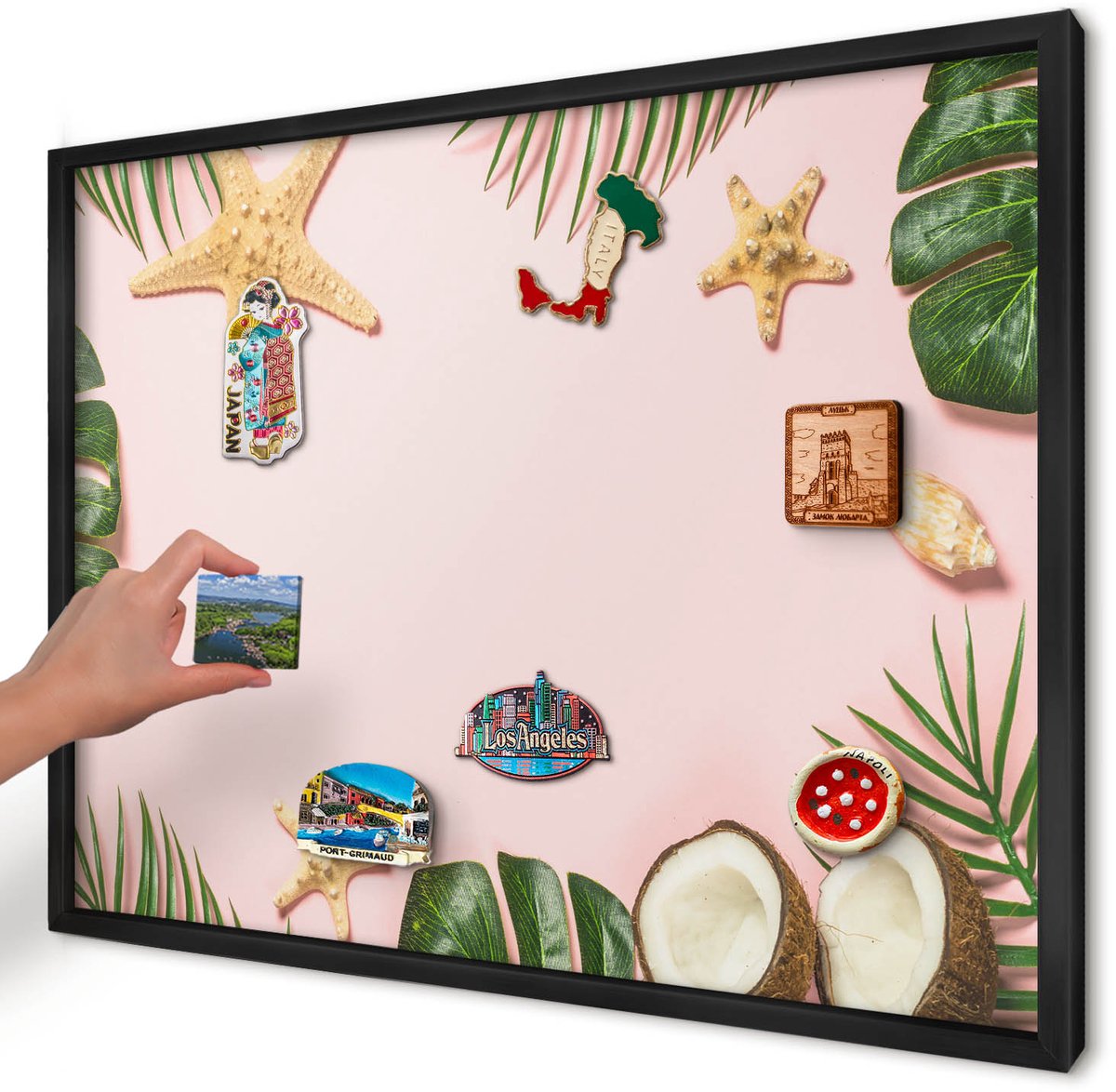 Artprintcave Roze Magneetbord mit Zwart Frame - 70x50 cm - Tropische Vakantie Magneetbord Voor Keuken - Illustratief Magneet Bord mit Frame - Natuur