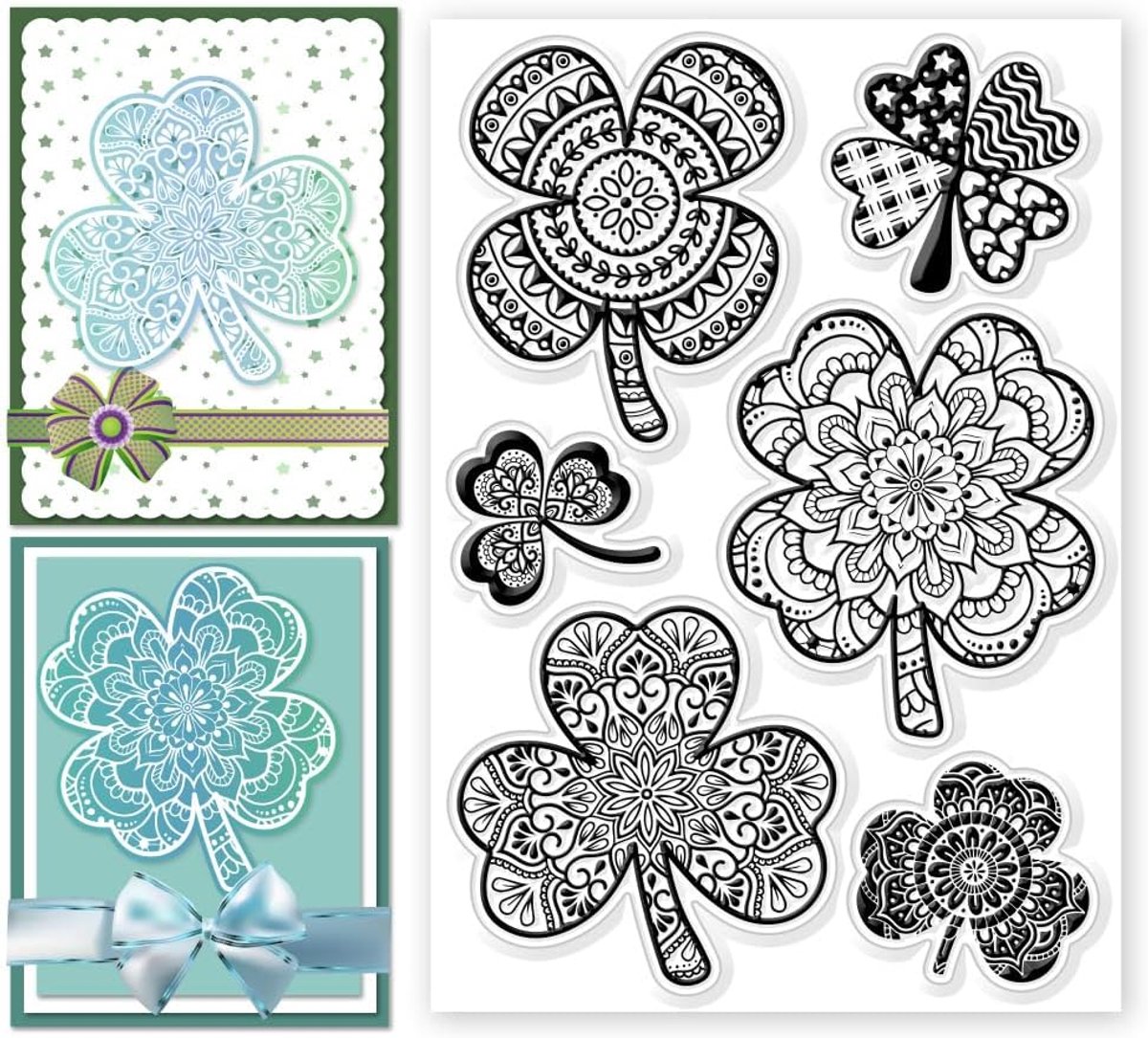 Transparante stempels voor St. Patrick's Day siliconen stempel Vierbladig klaverblad Mandala achtergrond Transparante stempels voor St. Patrick's Day kaart DIY scrapbooking foto 10,9x16 cm