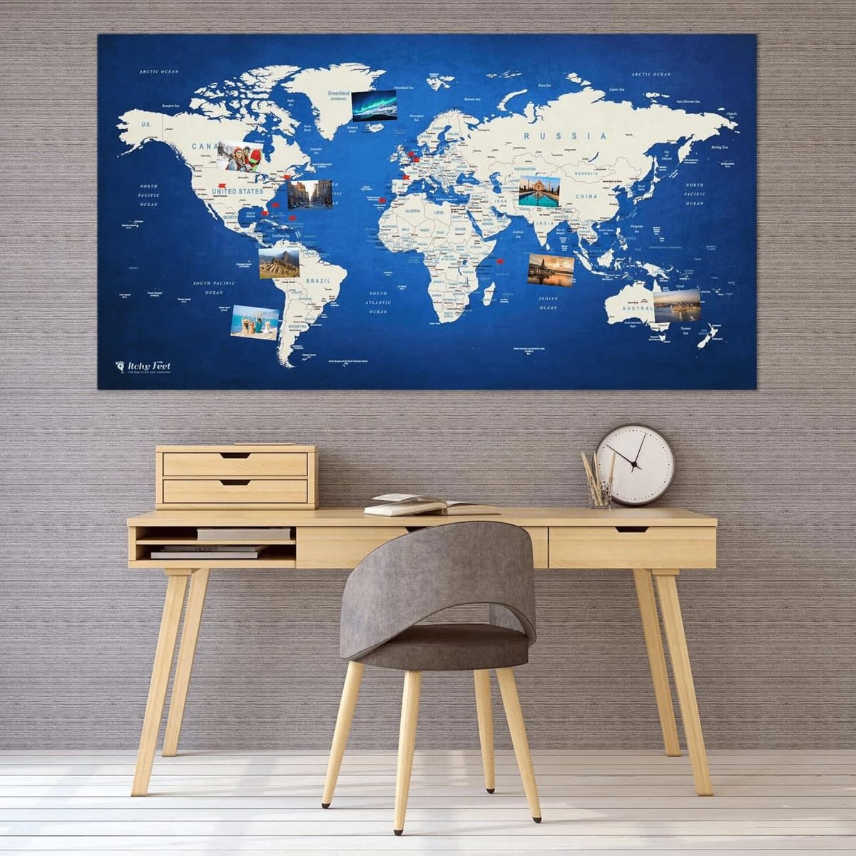 SnelShoppen - XXL Wereldkaart als Prikbord | Reisbestemmingen en Vakanties Pinnen | Elegante Fleece Kaart in Blauw | 130 x 70 cm, Inclusief 20 Vlaggen