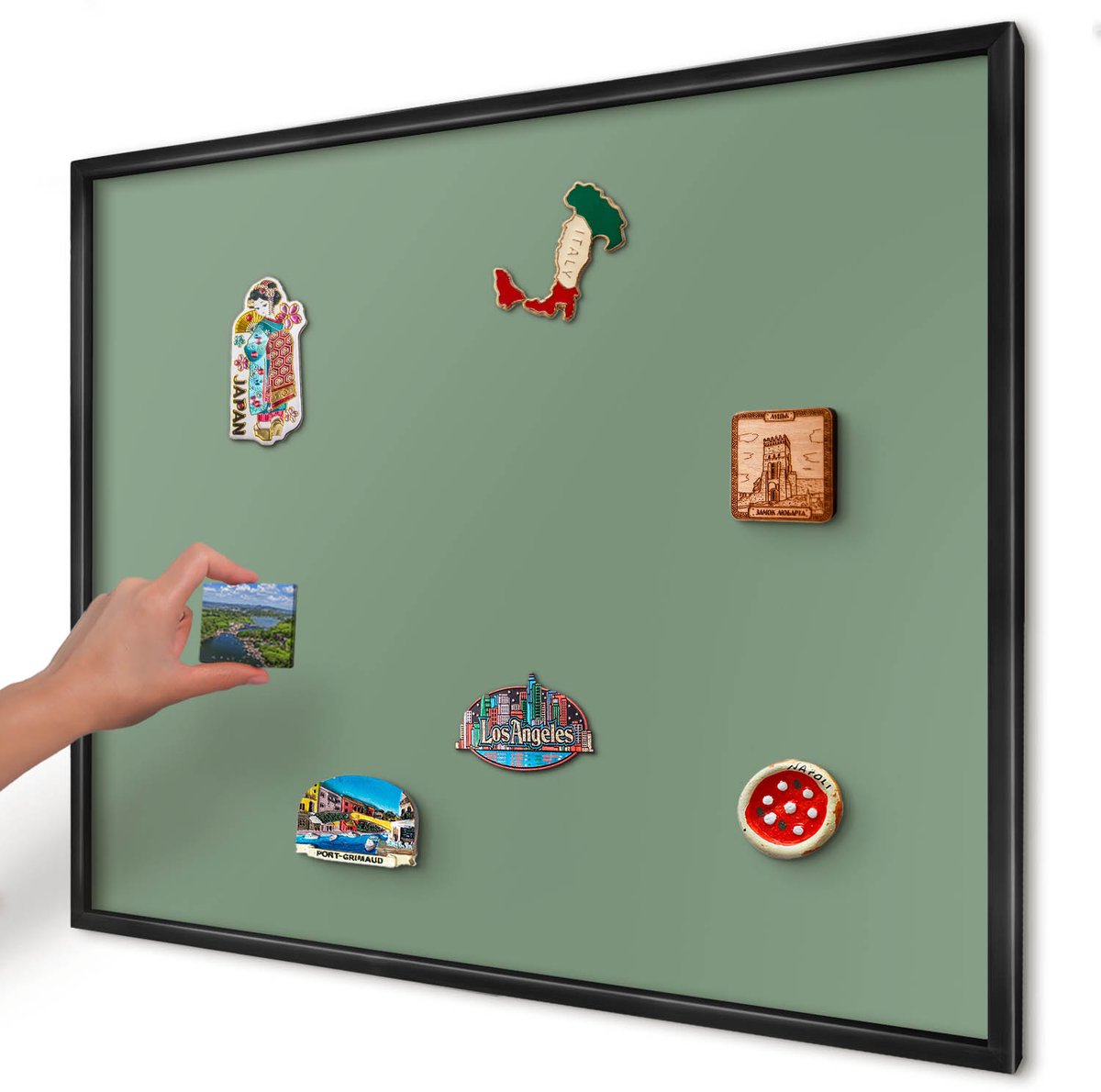 Artprintcave Groente Magneetbord mit Zwart Frame - 80x60 cm - Gedempt Groen Notitiebord - Minimalist Magnetisch Bord Voor Magneten - Achtergronden En Patronen