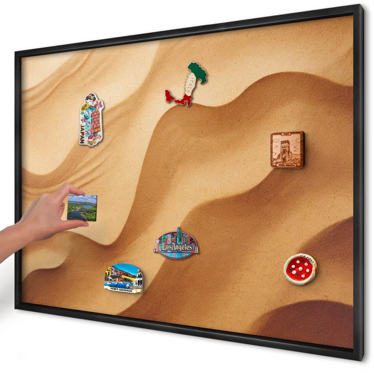 Artprintcave Oranje Magneetbord mit Zwart Frame - 100x70 cm - Zandgolven Memobord Keuken - Abstract Magnetisch Bord Voor Magneten - Abstractie