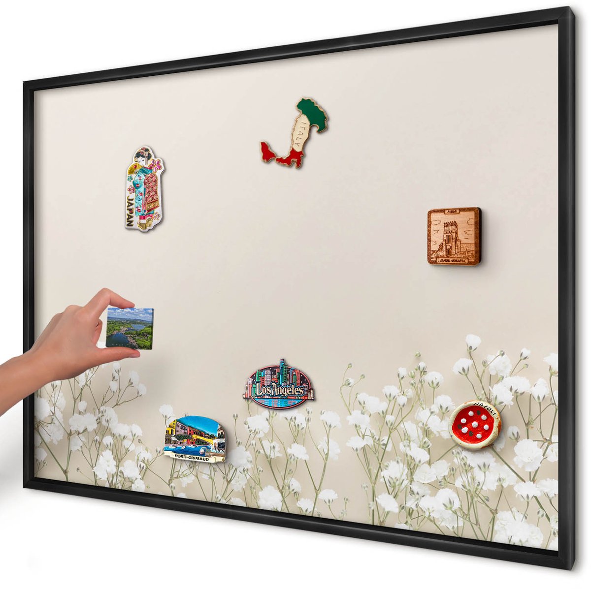 Artprintcave Beige Magneetbord mit Zwart Frame - 100x70 cm - Subtiele Natuur Memobord Keuken - Minimalist Magnetisch Bord - Bloemen En Planten