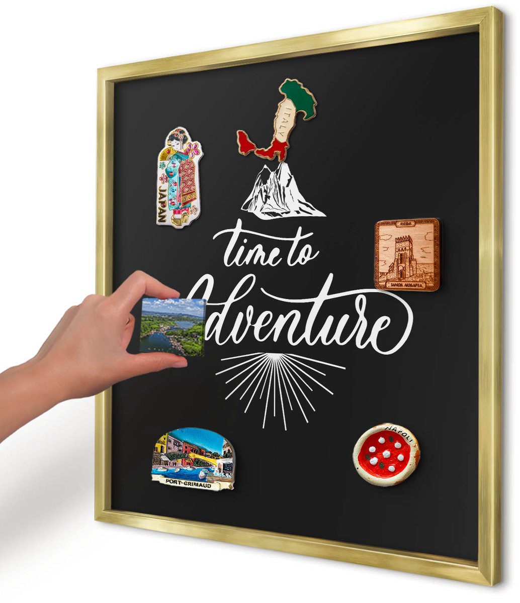 Artprintcave Zwart Magneetbord mit Gouden Frame - 50x50 cm - Avontuurlijke Tijd Notitiebord - Typografisch Memobord Keuken - Teksten