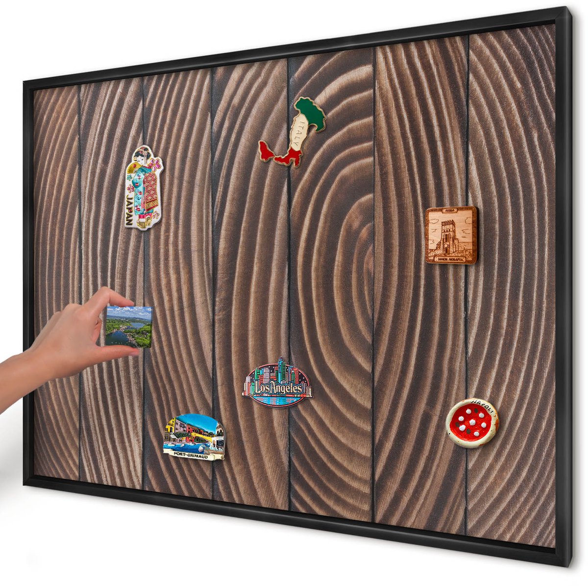 Artprintcave Bruin Magneetbord mit Zwart Frame - 100x70 cm - Houtstructuur Magnetisch Bord - Rustiek Memobord Keuken - Texturen