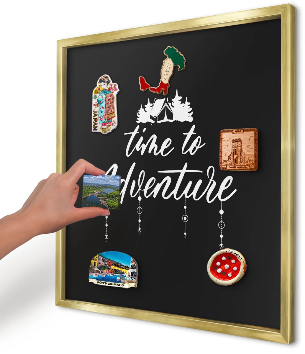 Artprintcave Zwart Magneetbord mit Gouden Frame - 50x50 cm - Avontuur Wacht. Bord Voor Magneten - Modern Wandbord Magnetisch - Teksten