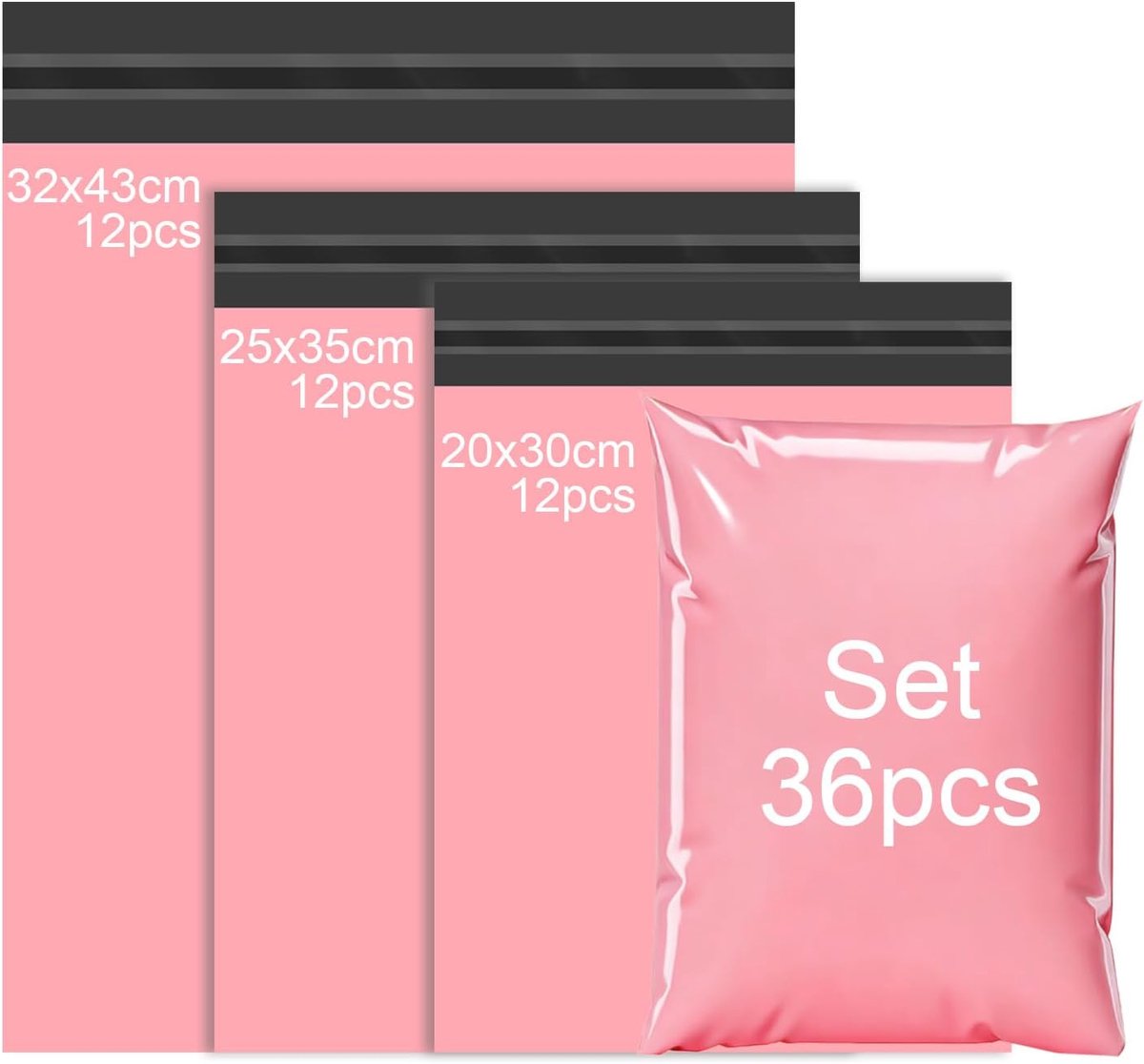 36 stuks 3 maten plastic envelop verzending, roze, verzendtas, vintage verpakking, zelfklevend, ondoorzichtig, voor textiel en schoenendozen