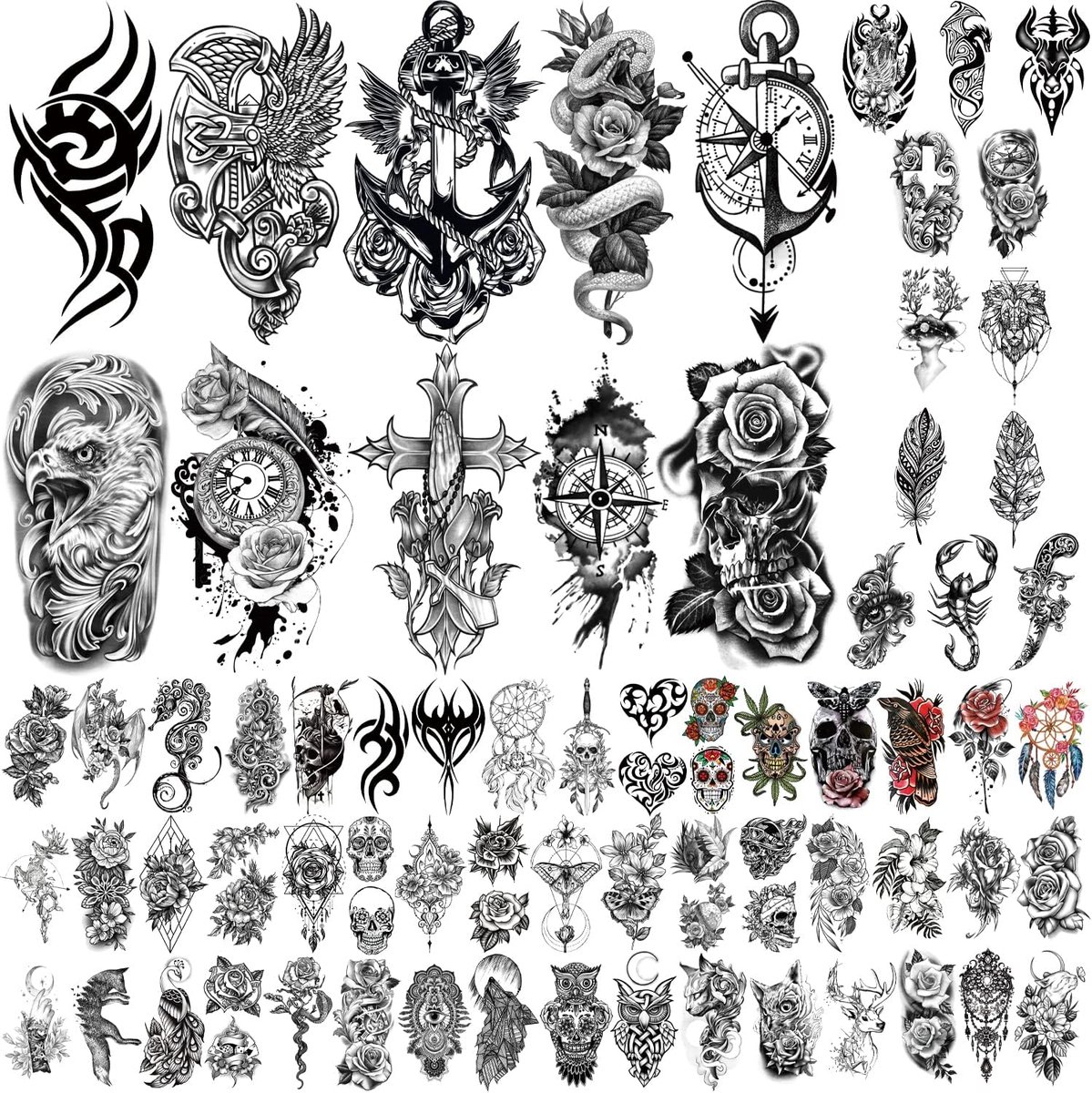 Tijdelijke tattoo voor meisjes of jongens kinderen 10 vellen grotere halve arm Rose Snake klok nep tatoeages voor mannen of vrouwen en 60 vellen kleine vogel tattoo