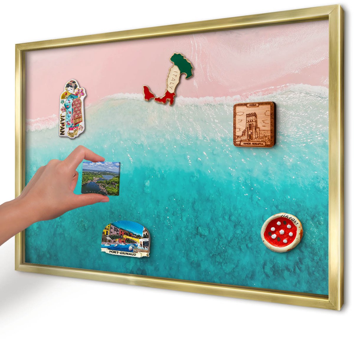 Artprintcave Roze Magneetbord mit Gouden Frame - 60x40 cm - Zomerse Ontspanning Memobord Keuken - Fotografisch Magnetisch Bord - Landschappen