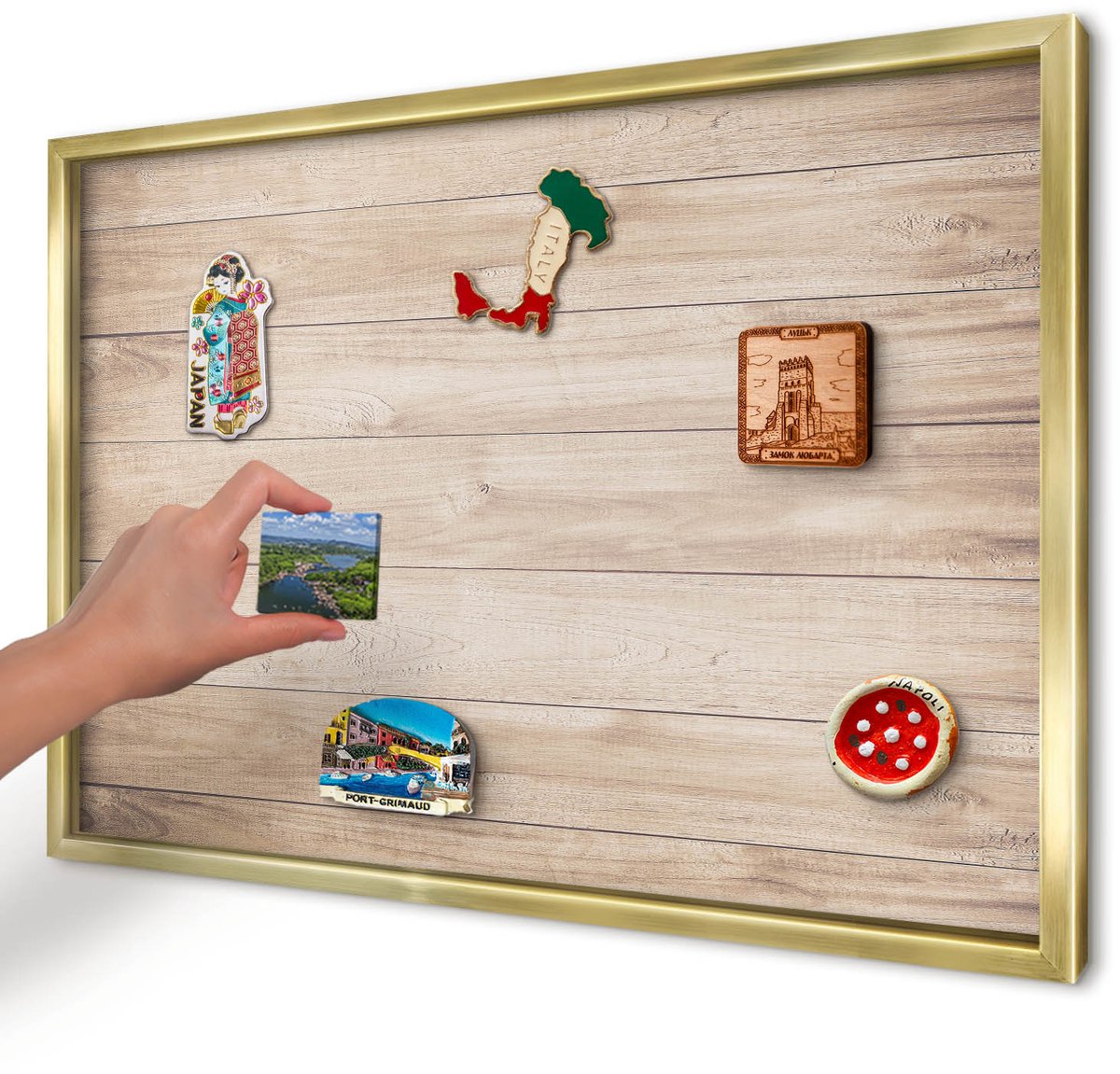 Artprintcave Bruin Magneetbord mit Gouden Frame - 60x40 cm - Houten Planken Magnetisch Bord - Rustiek Memobord Keuken - Texturen