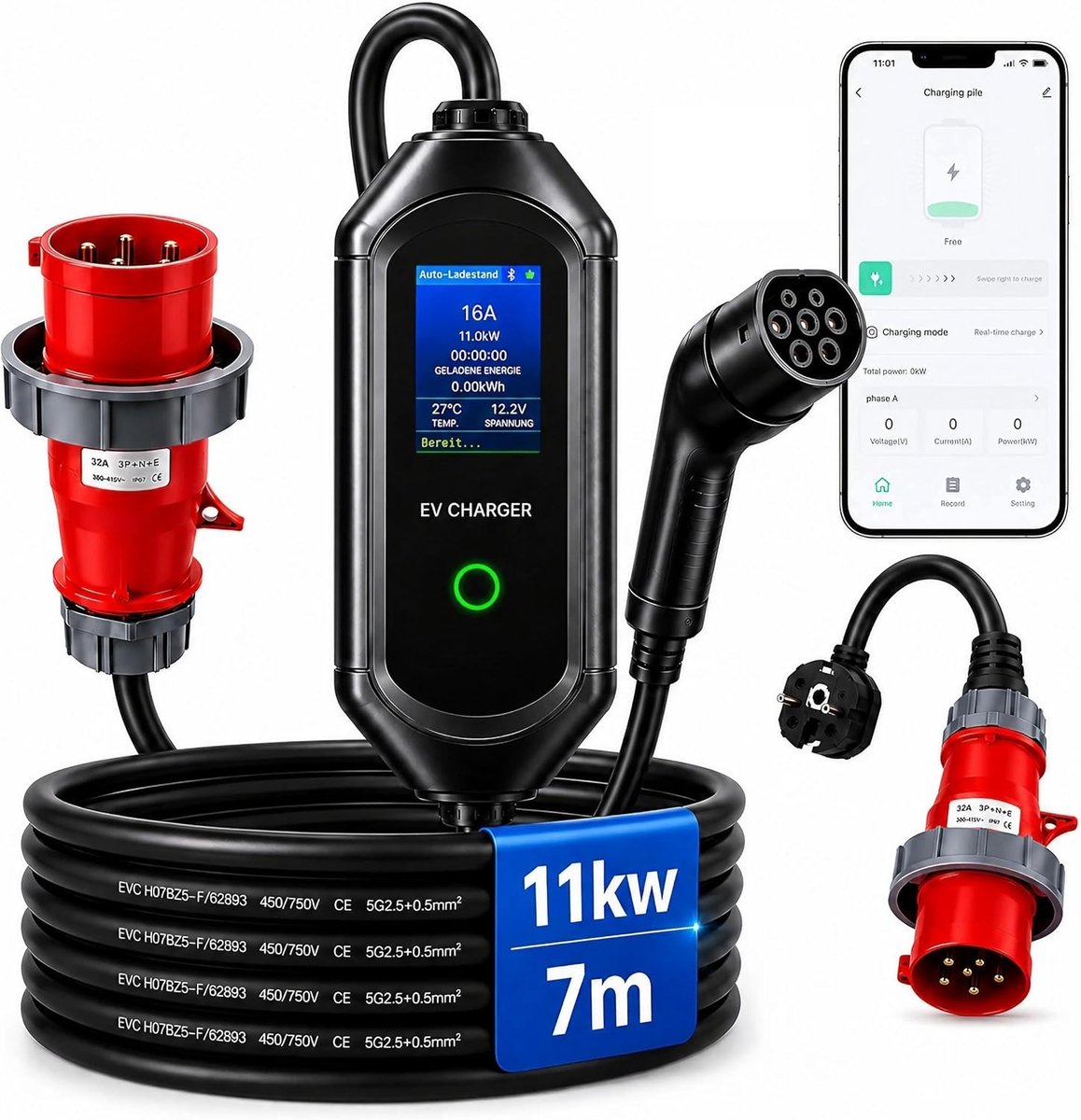 SnelShoppen - Mobile Wallbox 11kW - Draagbaar Oplaadstation met App Controle | 3 Fasen | 6-16A | IP65 Waterdicht | CEE 16A naar Type 2 Kabel | Thuis &
