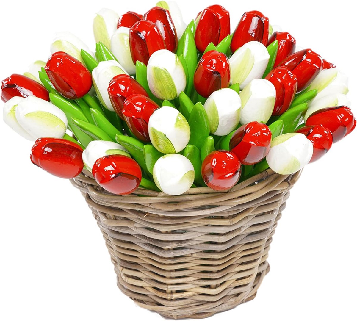 SnelShoppen - 50 Handgeschilderde Houten Tulpen in Wicker Mand - 34 cm Hoog - Decoratie voor Bruiloft, Verjaardag, Moederdag - Lange Duurzaamheid en K
