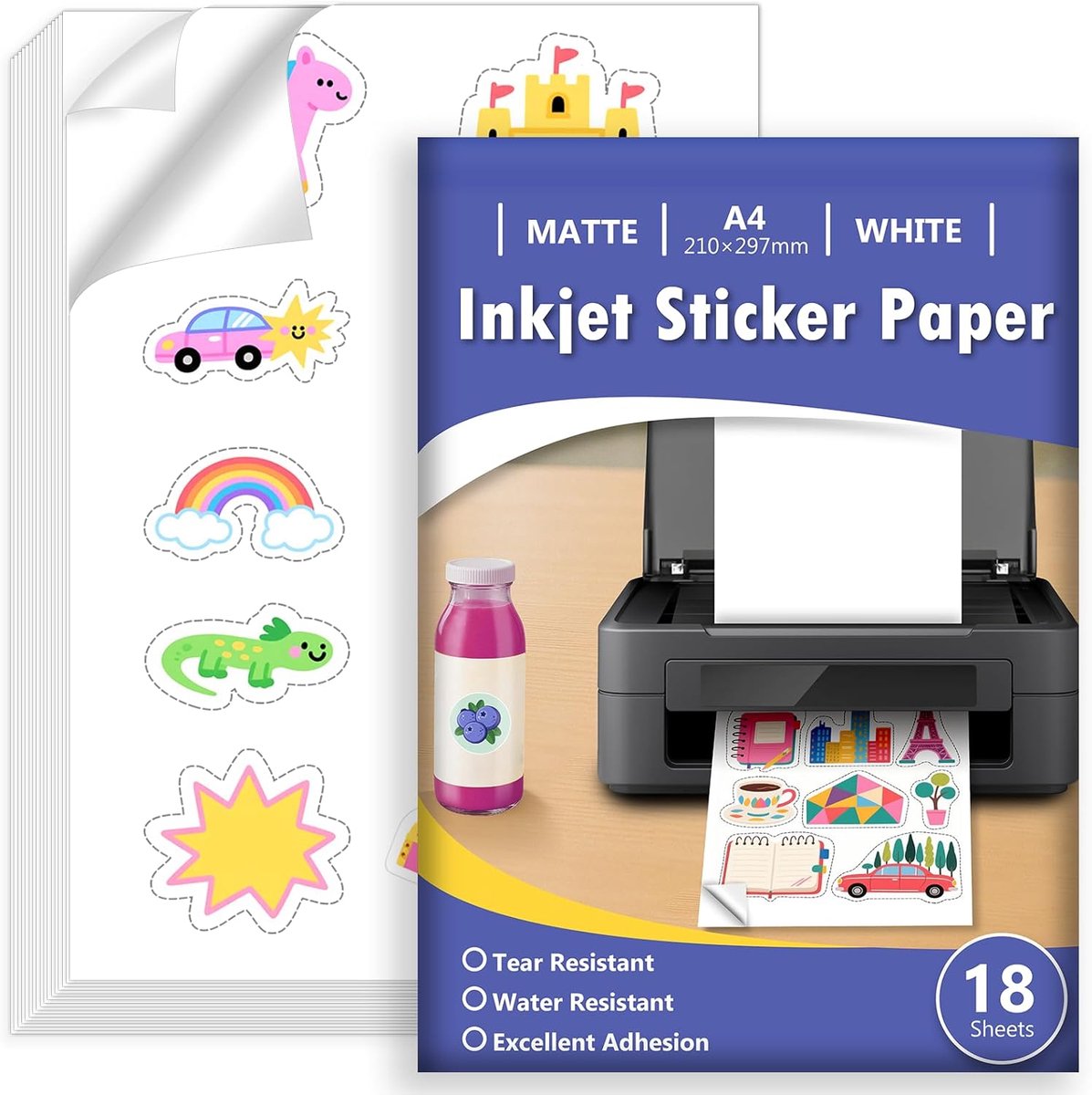 18 Vellen Stickerpapier voor Printer A4, Matte Witte Waterdichte