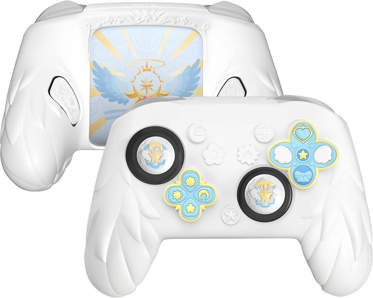 Magic Wings Beschermhoes voor Nintendo Switch 2 Pro Controller | Siliconen, Schattig Ontwerp, Thumb Grips, Achterknopkappen, Themastickers, Comfortabele Grip, Schokabsorberend, Wit
