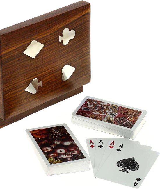 Handgemaakte Decoratieve Houten Dubbeldeks Speelkaart Doos Houder Opbergkoffer Organizer met 2 set 'Ace' speelkaarten messing inlay beste cadeau voor hem haar 15 x 10 x 4,75 cm — afbeelding 2