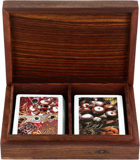 Handgemaakte Decoratieve Houten Dubbeldeks Speelkaart Doos Houder Opbergkoffer Organizer met 2 set 'Ace' speelkaarten messing inlay beste cadeau voor hem haar 15 x 10 x 4,75 cm — afbeelding 5