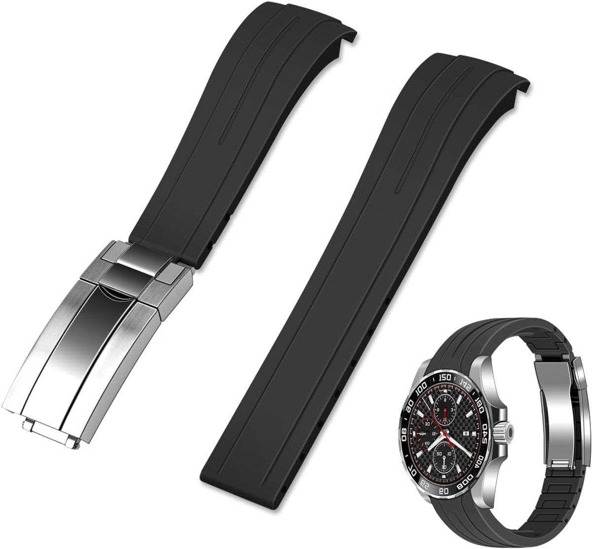 Horlogebanden, 18 mm, 20 mm, 22 mm, gebogen einde, taps toelopend, rubberen vervangende horlogeband, voor mannen en vrouwen, met klassieke duikgesp