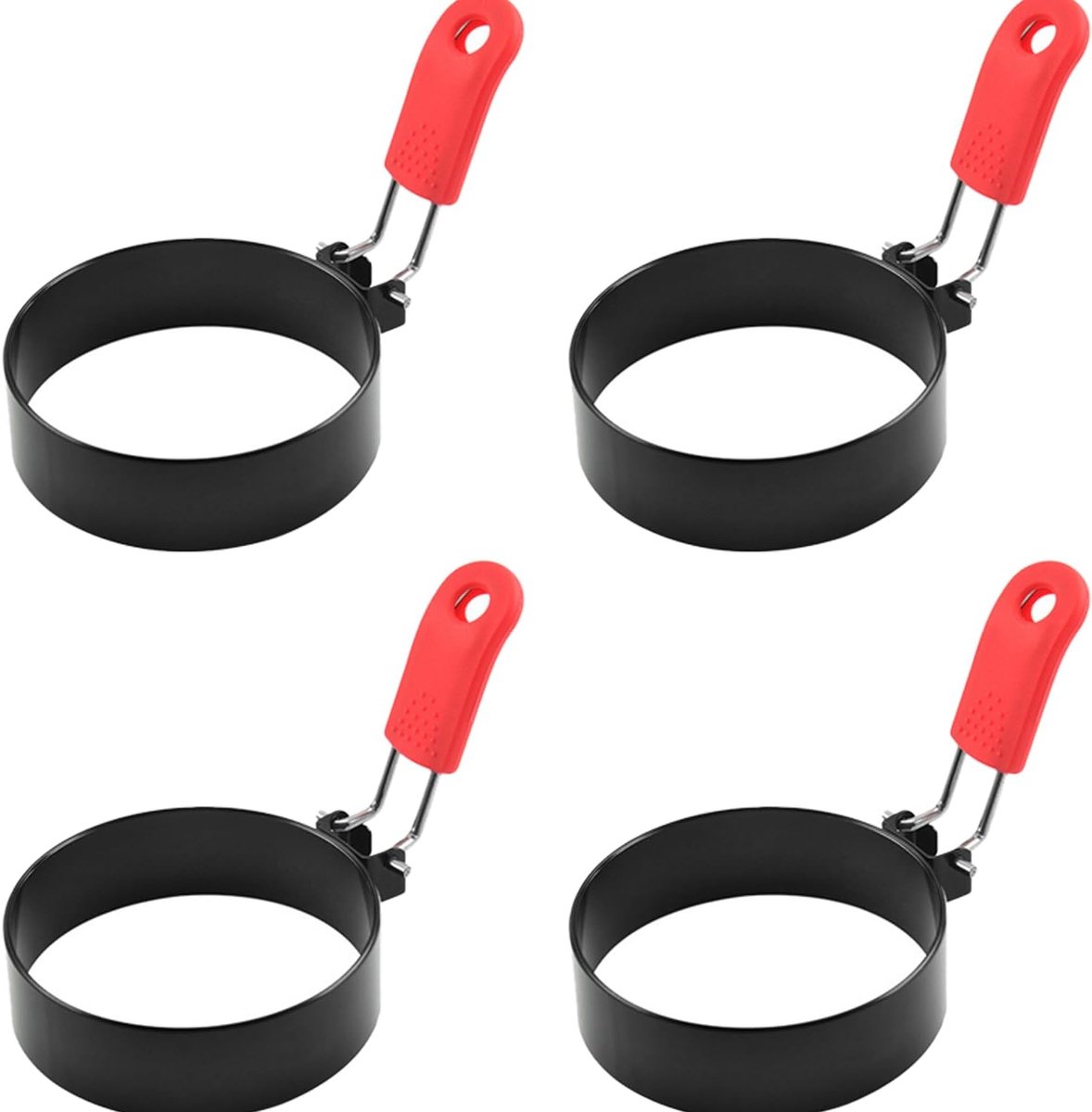 4-pack 3,9 inch roestvrij staal eierringen - antiaanbaklaag eiervorm voor koekenpan, perfecte ronde eieren/pannenkoeken/omeletjes met siliconen vouwhandgrepen