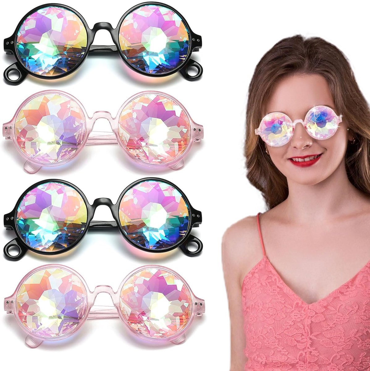 4 stuks caleidoscoopglazen, rave-bril, rave-feestbril voor festivals, cosplay, regenboogbrillen met lichtdiffractie voor raves, muziekfestival, verkleedfeest