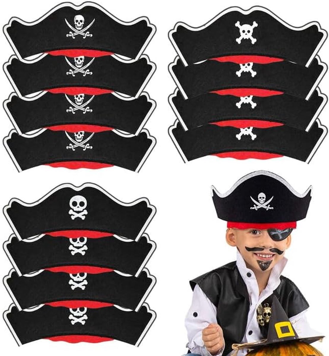 Piratenhoed voor kinderen, piratenhoed van vilt, piratenhoofdband, piratenhoofdband, piratenhoofdband, piratenkostuum, piratenaccessoires voor Halloween, feestjes, 12 stuks