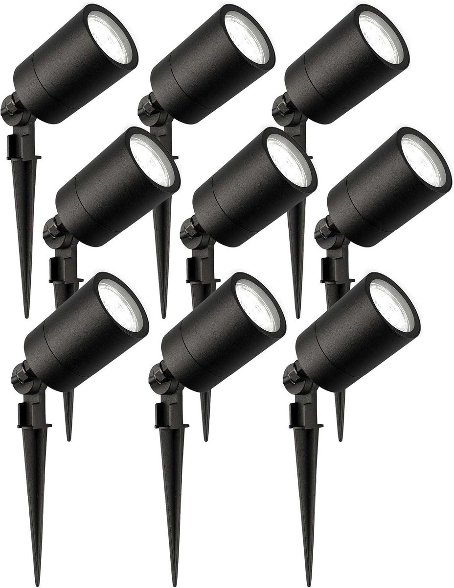 LED Prikspot met grondspies 9 stuks 2m koud wit 1W GU10 IP65 | Voor tuin terras oprit paden borders en sfeervolle buitenverlichting