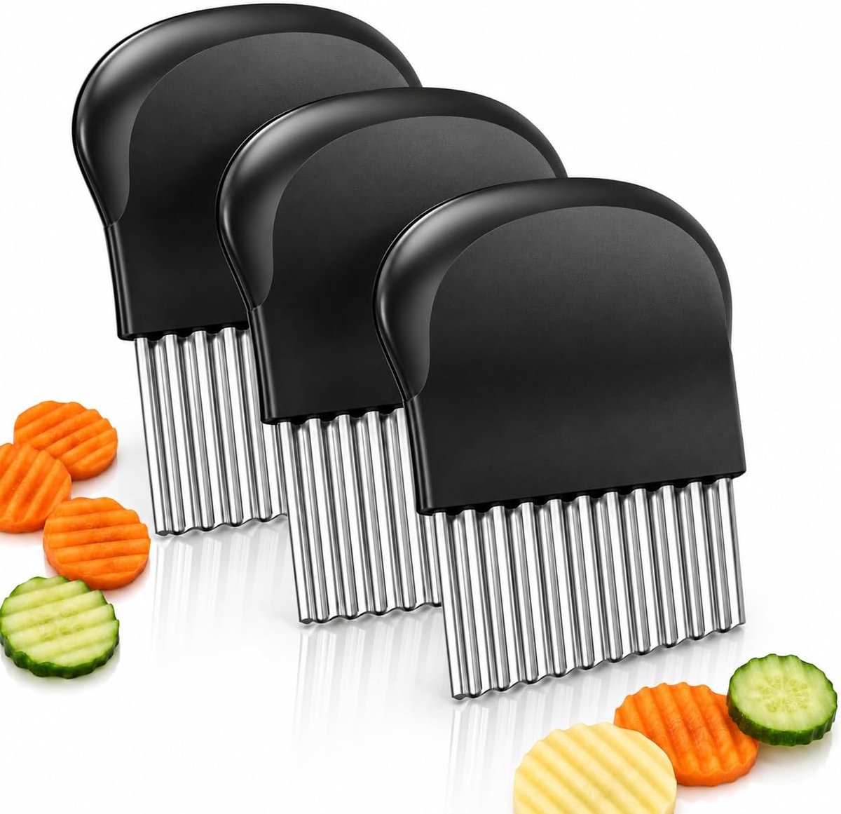 3 stuks golfsnijders voor groenten en fruit, gegolfde groentesnijder van roestvrij staal, ribbelmes, aardappelsnijder, aardappelsnijder, aardappelsnijder, Wave Cutter voor friet en