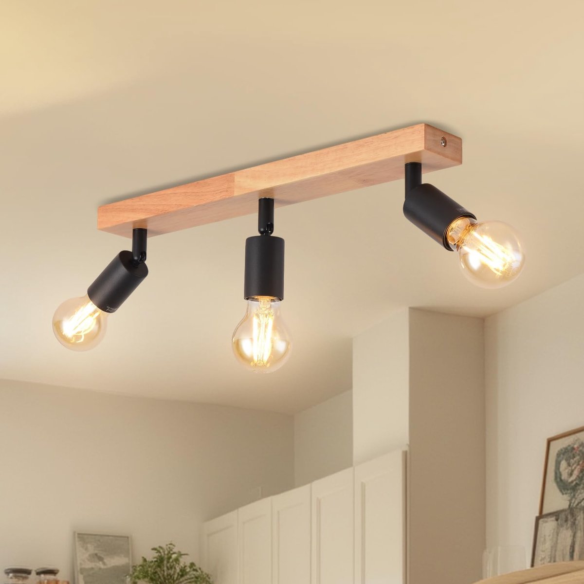 Plafondlamp met 3 ledlampen, E27, binnenverlichting, zwart, plafondlamp van hout met rechthoekige basis, wandlamp, slaapkamer, kroonluchter eetkamer (zonder lampen)