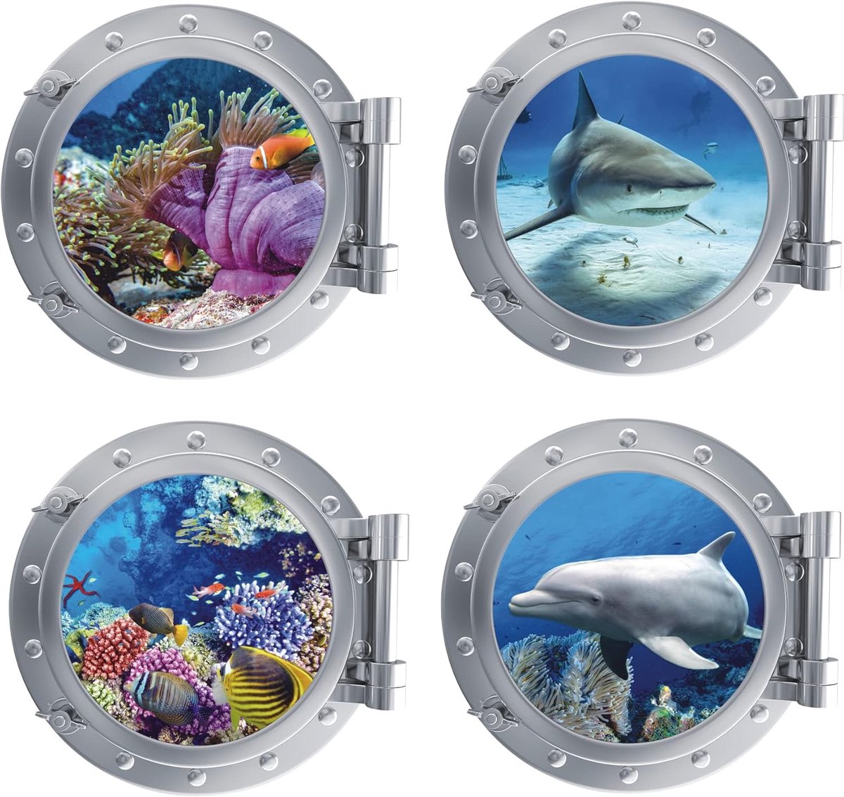 4 stuks 3D-wandtattoos onderwaterwereld, muurstickers badkamer afbeeldingen, 3D haai muurstickers, oceaan vissen stickers tegelstickers, zeedieren stickers voor kinderkamer, jongens en meisjes, wanddecoratie, 30 × 28 cm