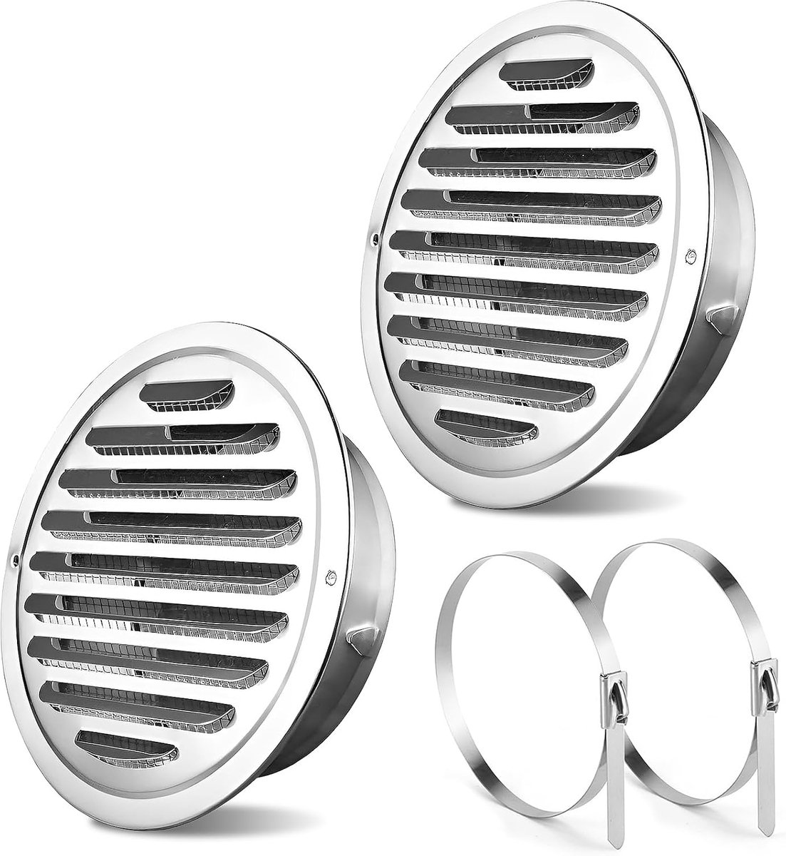 2 stuks ventilatierooster, roestvrij staal, afvoerluchtrooster, insectenbescherming, luchtrooster, rond, 80 mm, weerbestendig rooster voor garage, keuken, badkamer, afzuigkap, muur