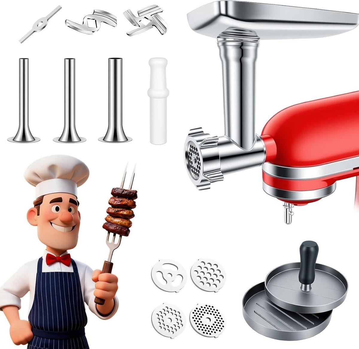 Vleesmolen Accessoire voor Stand Mixer Inclusief Maalschijven Snijmessen en Worsttubes Ideaal voor Thuisgebruik in de Keuken Roestvrij Staal en Duurzaam