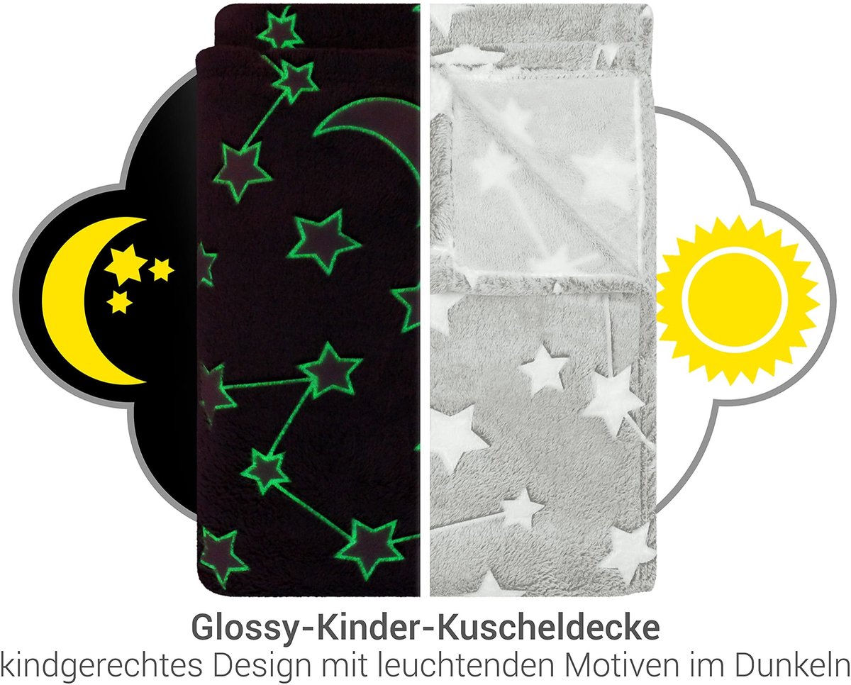 Omgoods - Knuffeldeken die in het Donker Glimlicht - Zacht en Fluffy, 150 x 200 cm, Grijs met Maan en Sterren