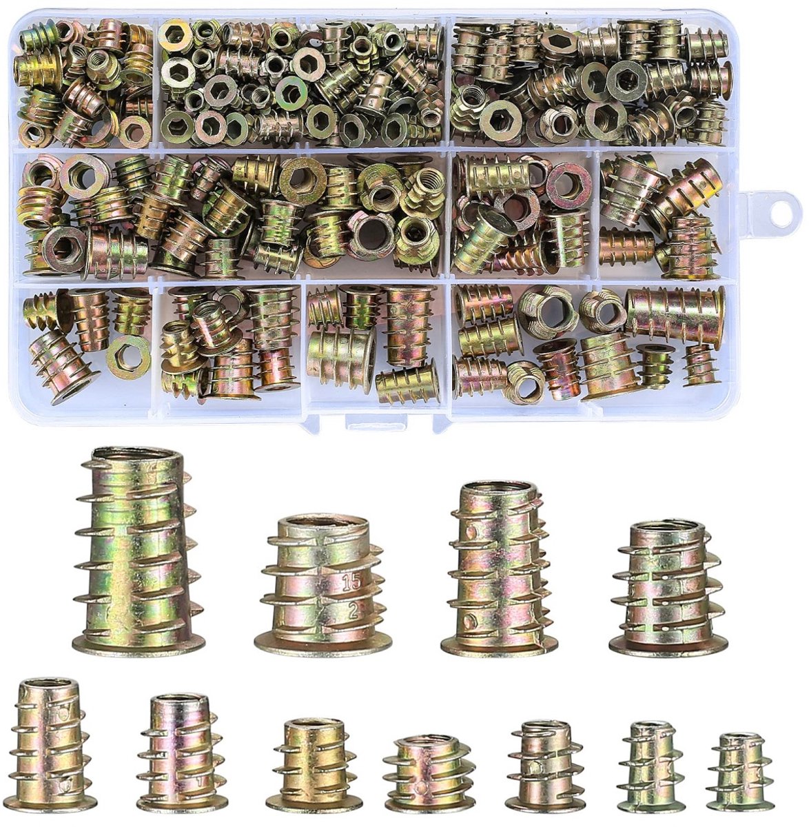 longziming -Inschroefmoeren Set – Inzetmoeren Assortiment – Zelftappende Schroefbussen – Voor Hout – M4 M5 M6 M8 M10 – Inclusief Opbergdoos – 230-delig