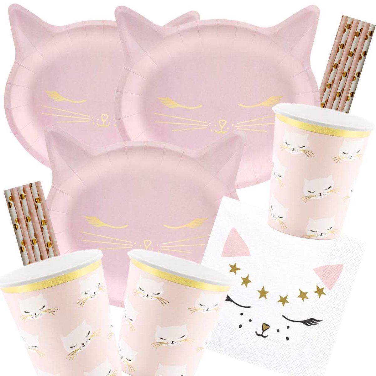 Omgoods - 56-Delige Verjaardagsset voor Kinderen - Katten Thema Borden, Bekers en Servetten