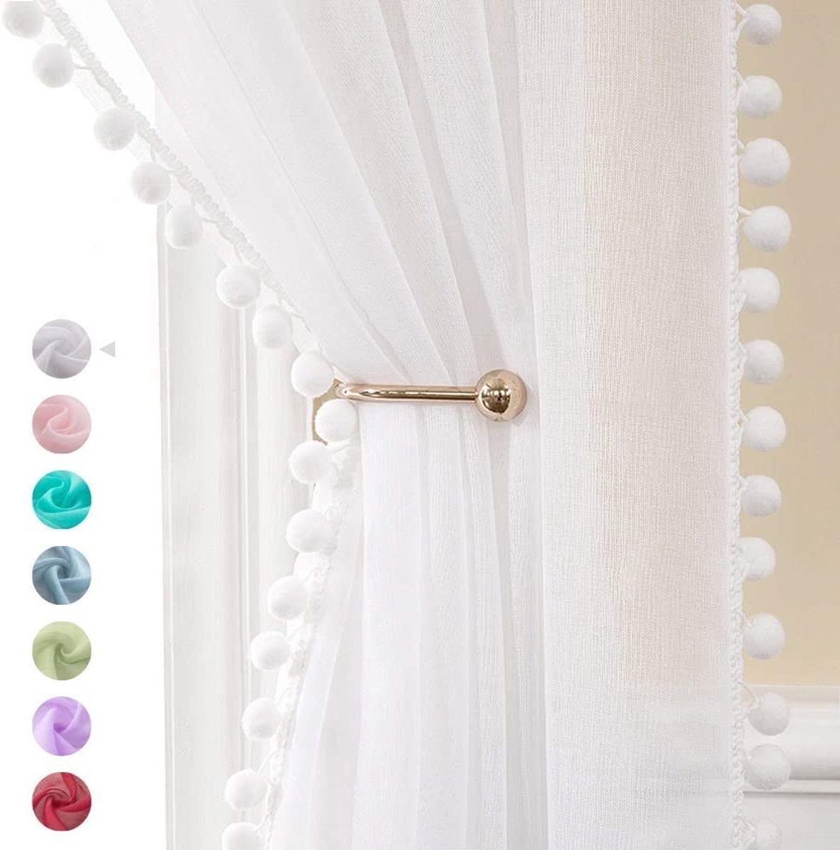 Omgoods - Sheer Pom Pom Gordijnen - Witte Voile Gordijnen voor Kinderkamer - 140 cm - Set van 2